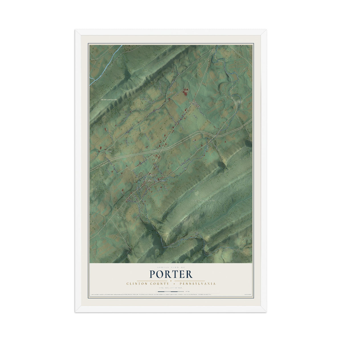 Map of Porter, Clinton County, Pennsylvania, 12 x 18 inch print in a white wood frame
