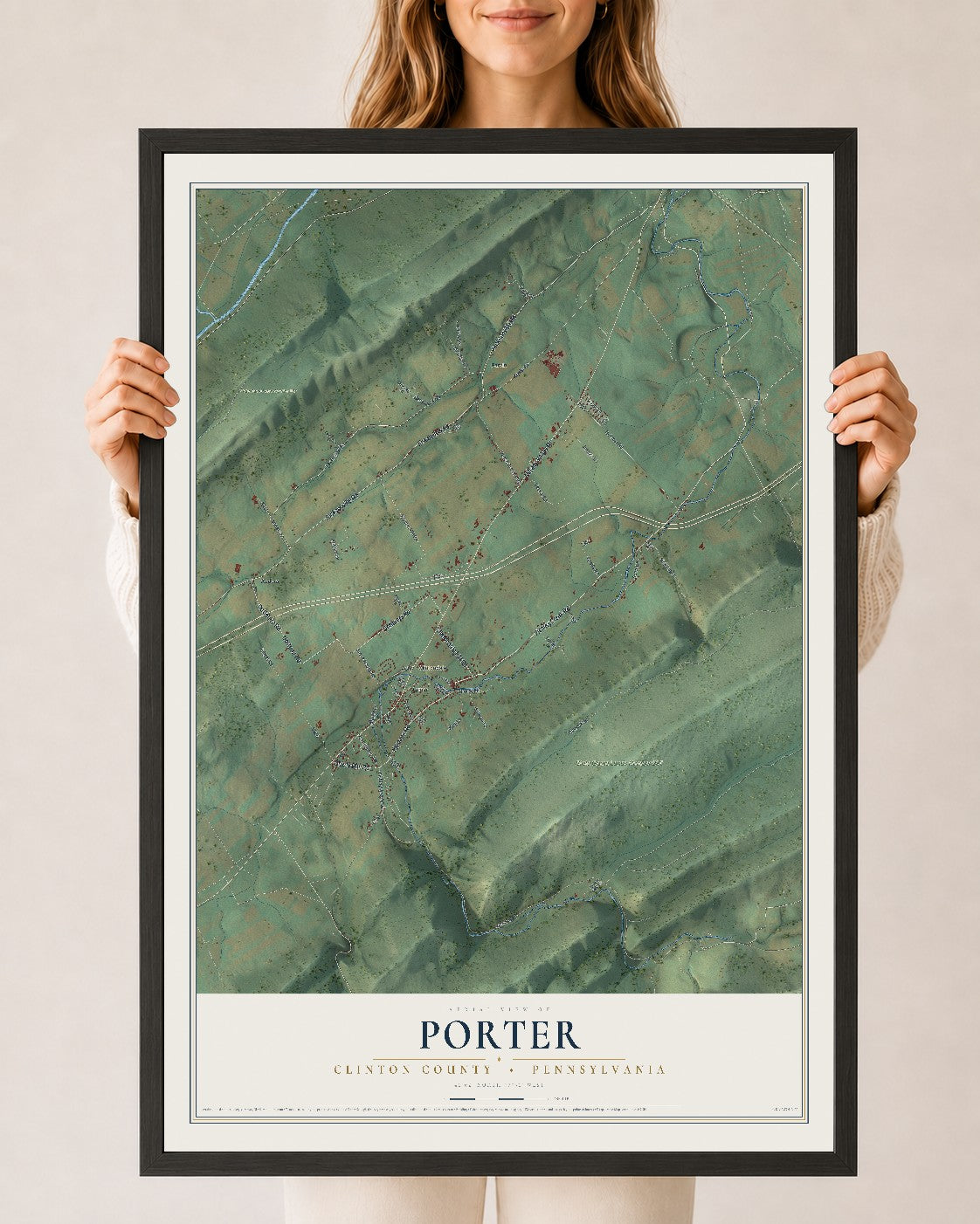 Map of Porter, Clinton County, Pennsylvania, 24 x 36 inch print in a black wood frame