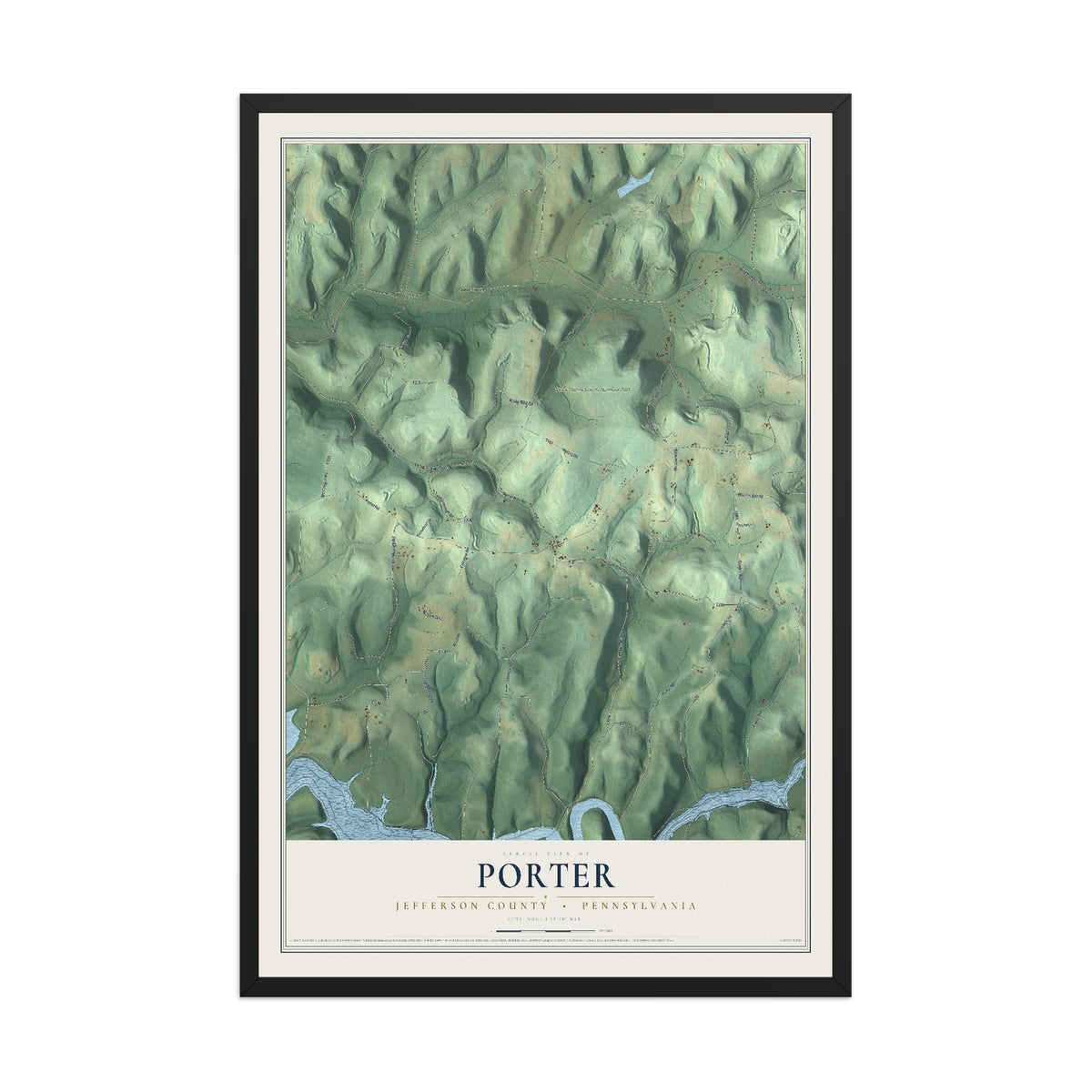 Map of Porter, Jefferson County, Pennsylvania, 12 x 18 inch print in a black wood frame