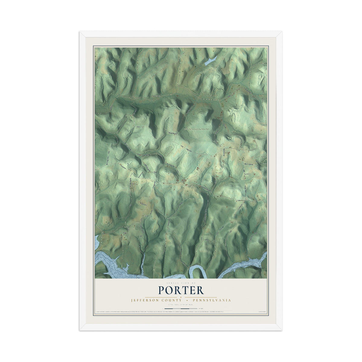 Map of Porter, Jefferson County, Pennsylvania, 12 x 18 inch print in a white wood frame