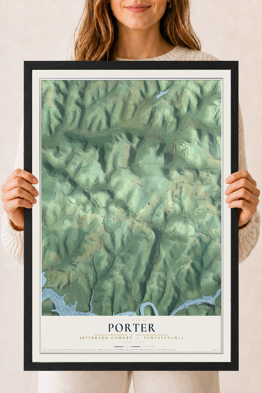 Map of Porter, Jefferson County, Pennsylvania, 18 x 24 inch print in a black wood frame