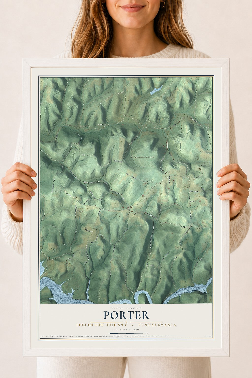 Map of Porter, Jefferson County, Pennsylvania, 18 x 24 inch print in a white wood frame