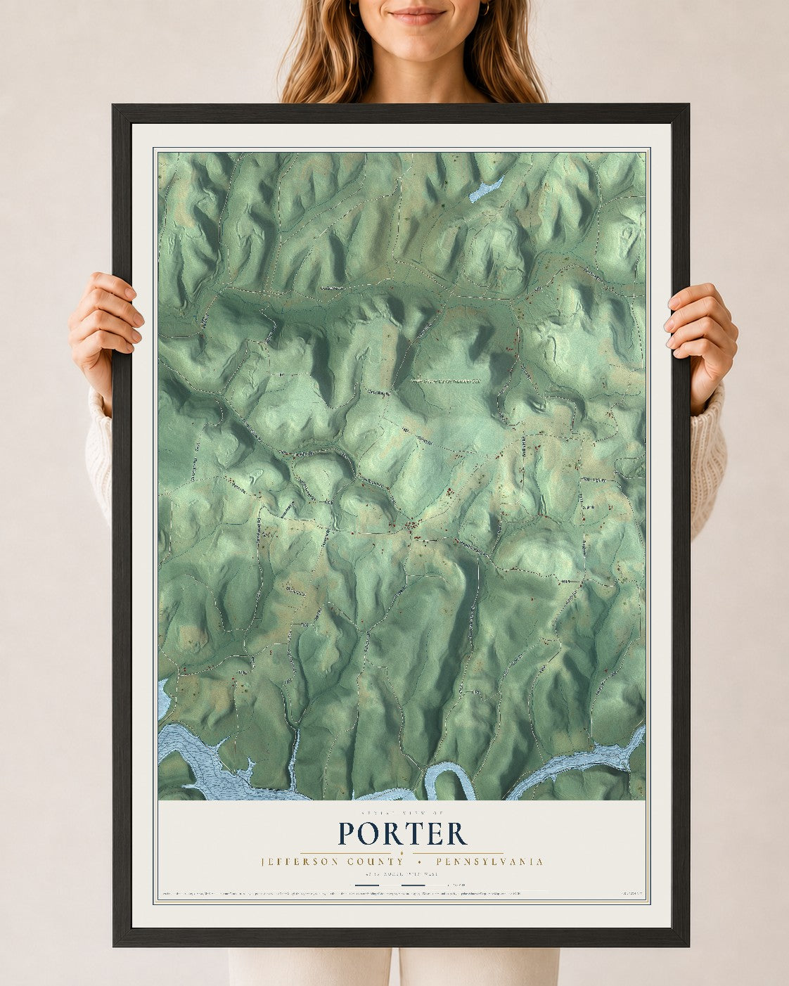 Map of Porter, Jefferson County, Pennsylvania, 24 x 36 inch print in a black wood frame