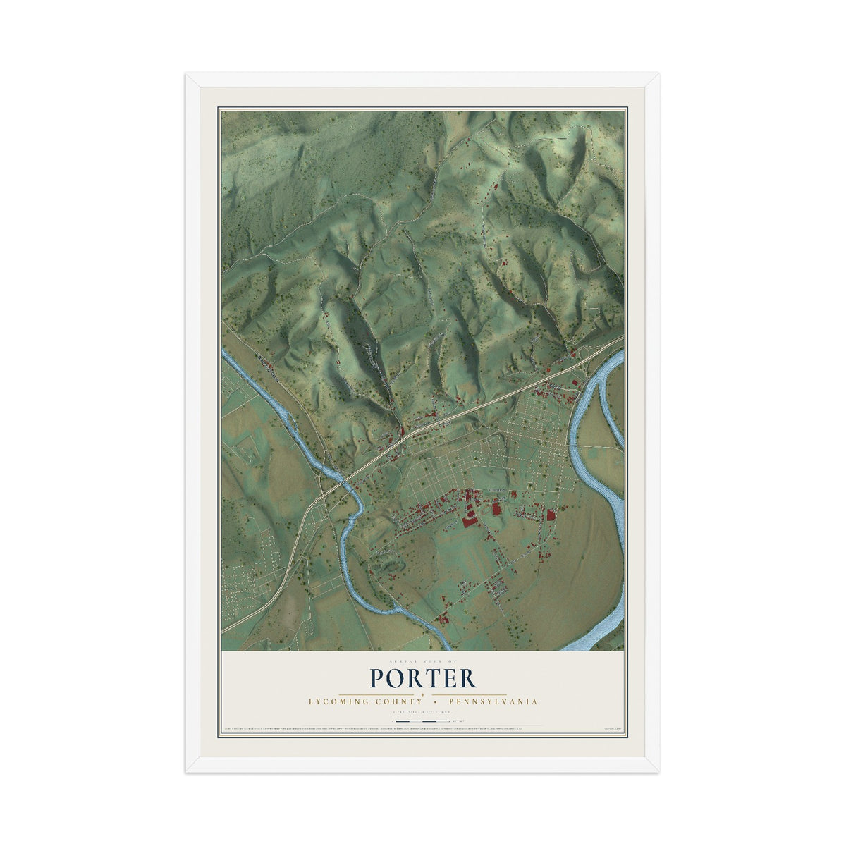 Map of Porter, Lycoming County, Pennsylvania, 12 x 18 inch print in a white wood frame