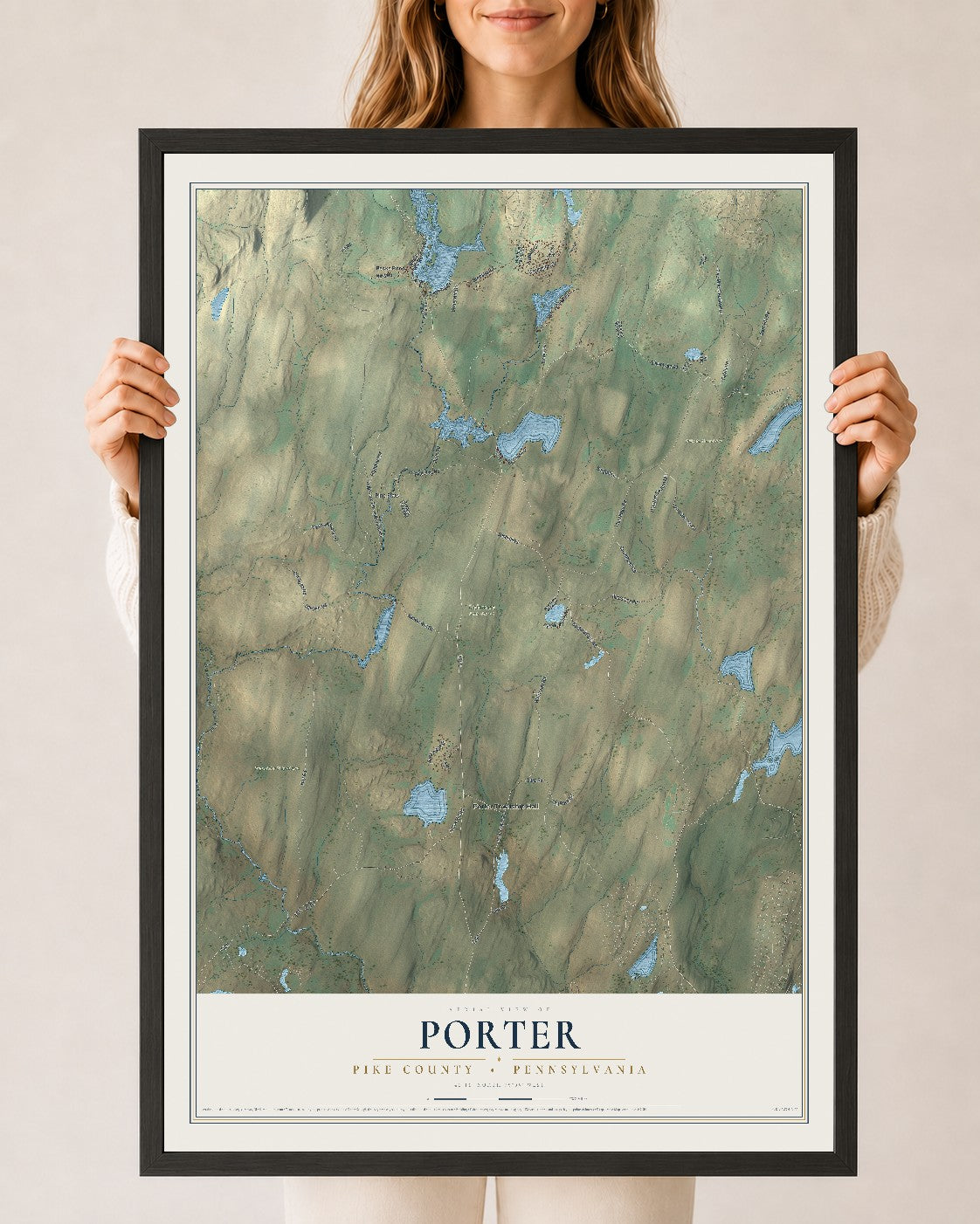 Map of Porter, Pike County, Pennsylvania, 24 x 36 inch print in a black wood frame