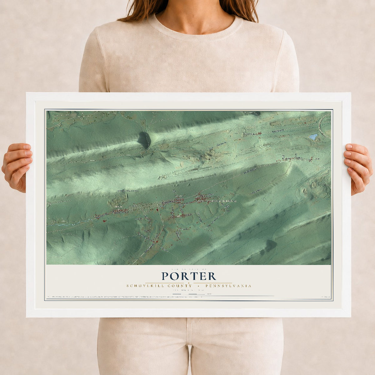 Map of Porter, Schuylkill County, Pennsylvania, 12 x 18 inch print in a white wood frame