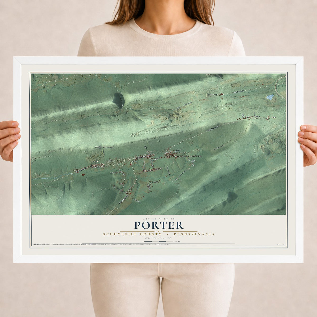 Map of Porter, Schuylkill County, Pennsylvania, 18 x 24 inch print in a white wood frame