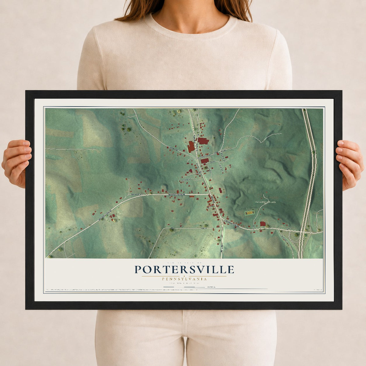 Map of Portersville, Pennsylvania, 12 x 18 inch print in a black wood frame