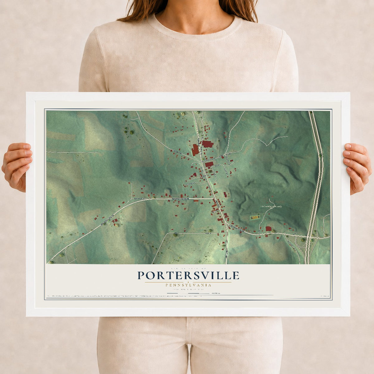 Map of Portersville, Pennsylvania, 12 x 18 inch print in a white wood frame