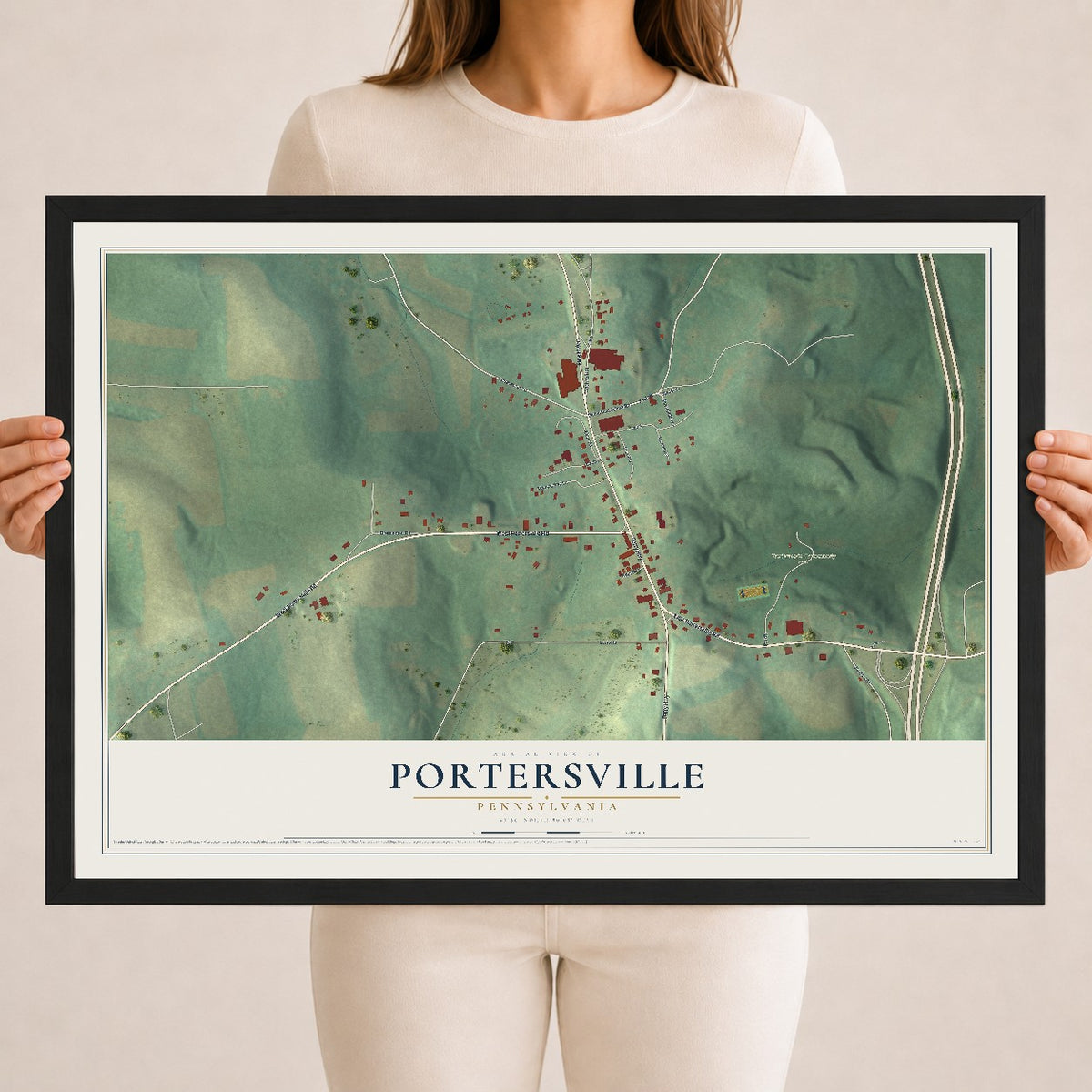 Map of Portersville, Pennsylvania, 18 x 24 inch print in a black wood frame