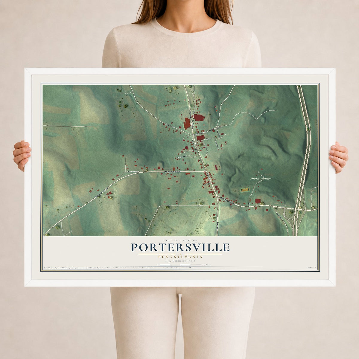 Map of Portersville, Pennsylvania, 24 x 36 inch print in a white wood frame