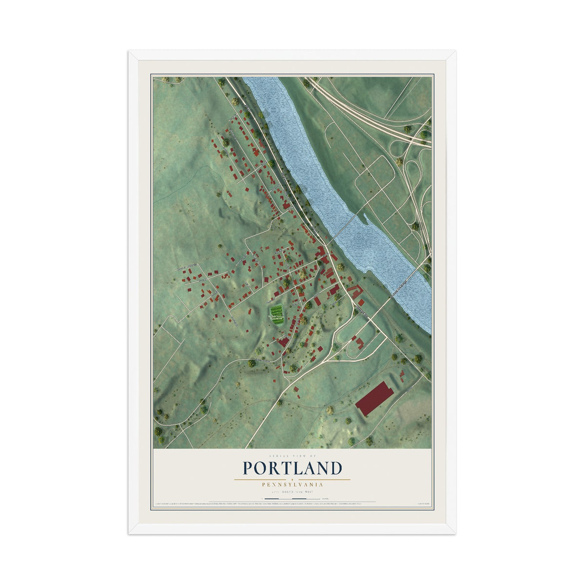 Map of Portland, Pennsylvania, 12 x 18 inch print in a white wood frame