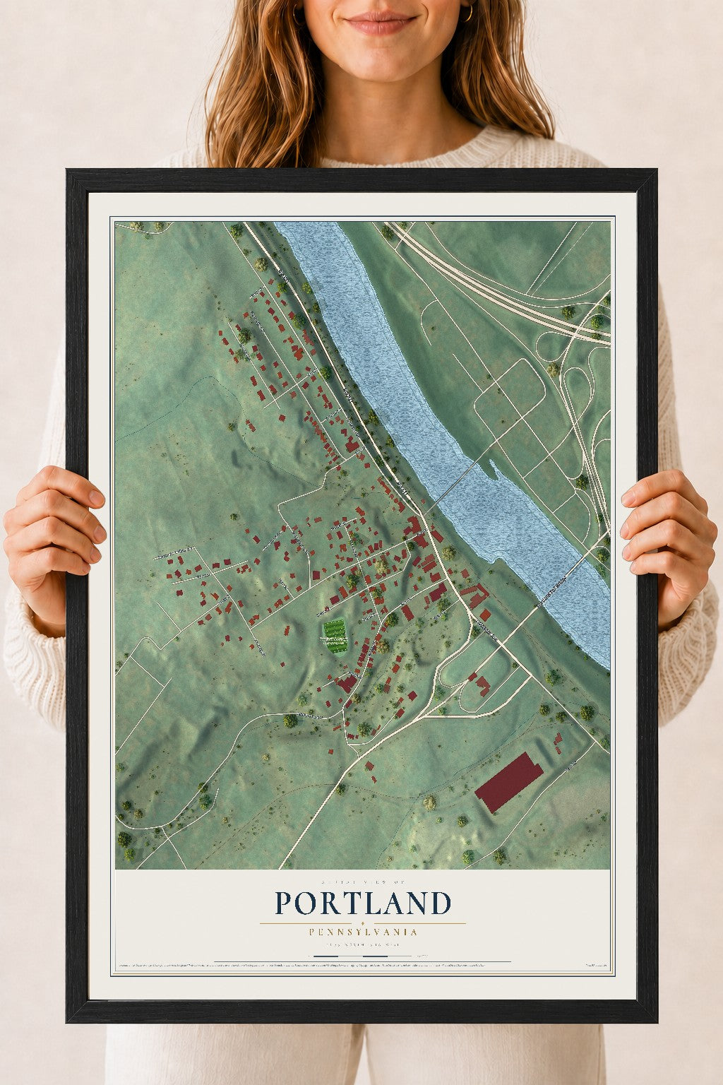 Map of Portland, Pennsylvania, 18 x 24 inch print in a black wood frame