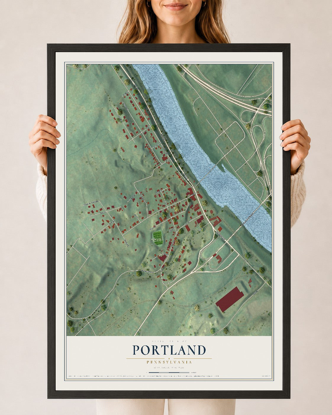 Map of Portland, Pennsylvania, 24 x 36 inch print in a black wood frame
