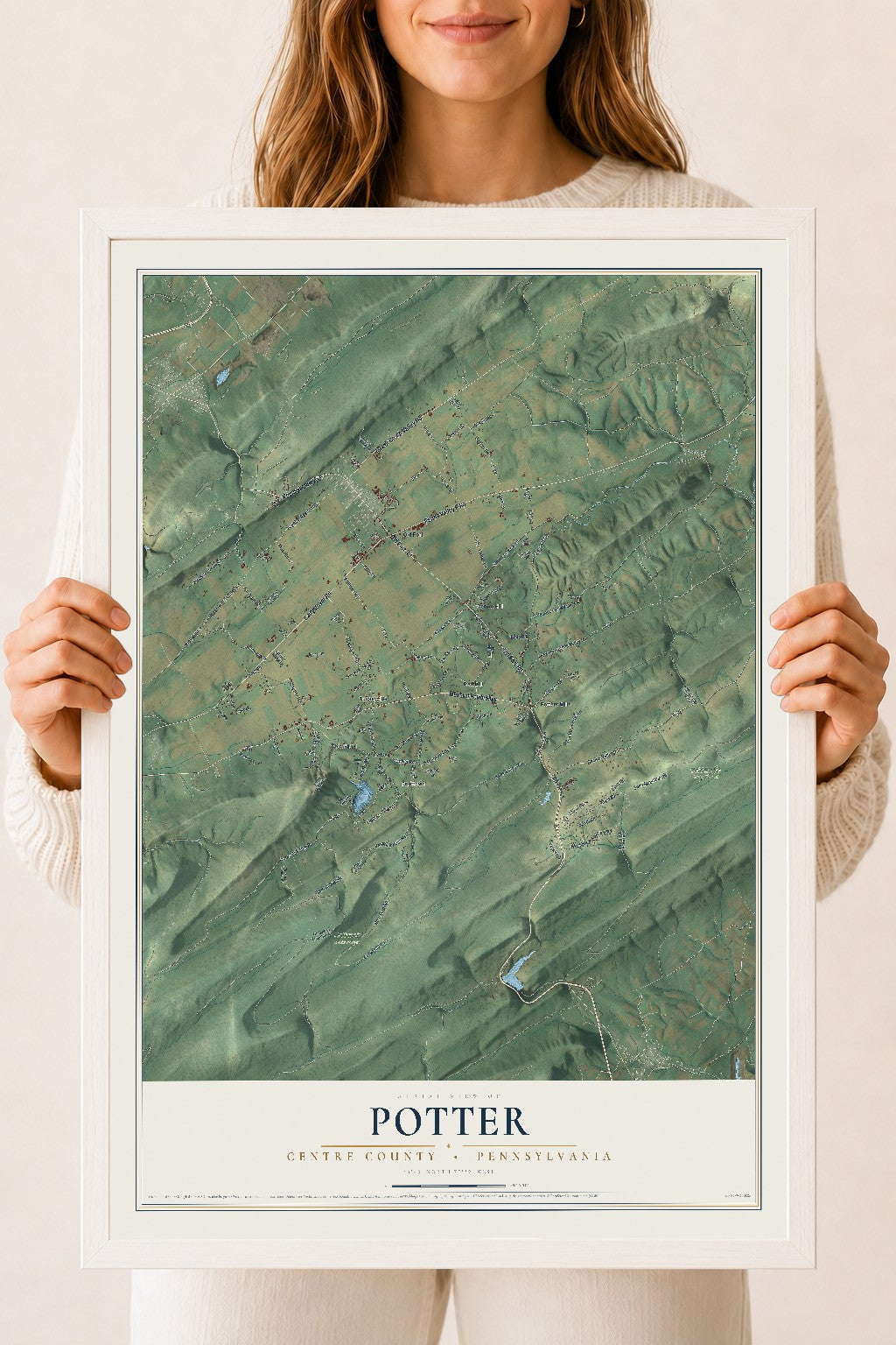 Map of Potter, Centre County, Pennsylvania, 18 x 24 inch print in a white wood frame