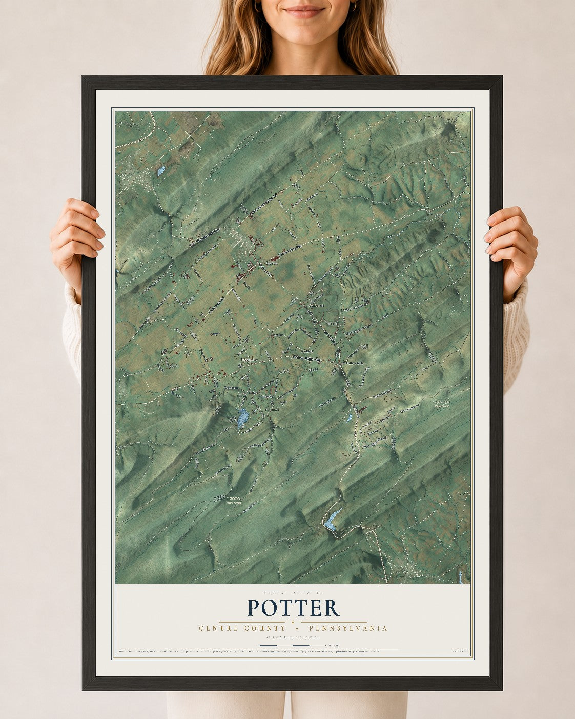 Map of Potter, Centre County, Pennsylvania, 24 x 36 inch print in a black wood frame
