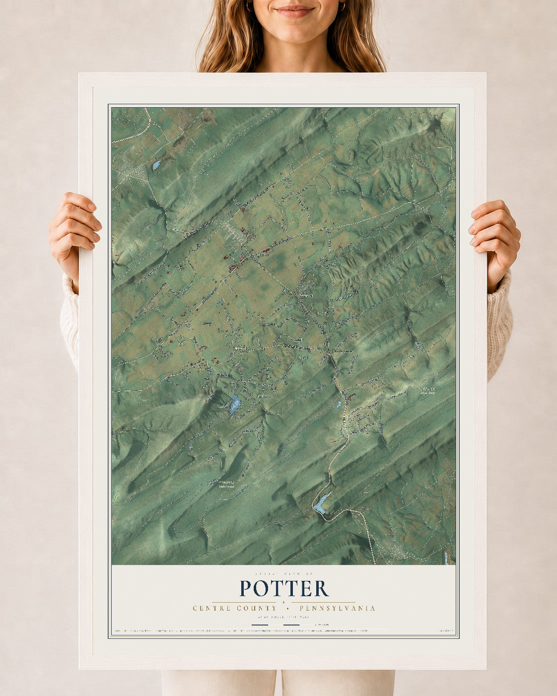 Map of Potter, Centre County, Pennsylvania, 24 x 36 inch print in a white wood frame