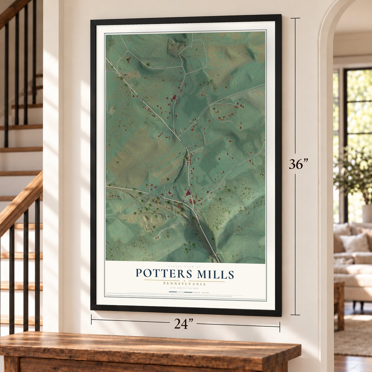Potters Mills, Pennsylvania map, 24 x 36 inch print in a black frame by a staircase