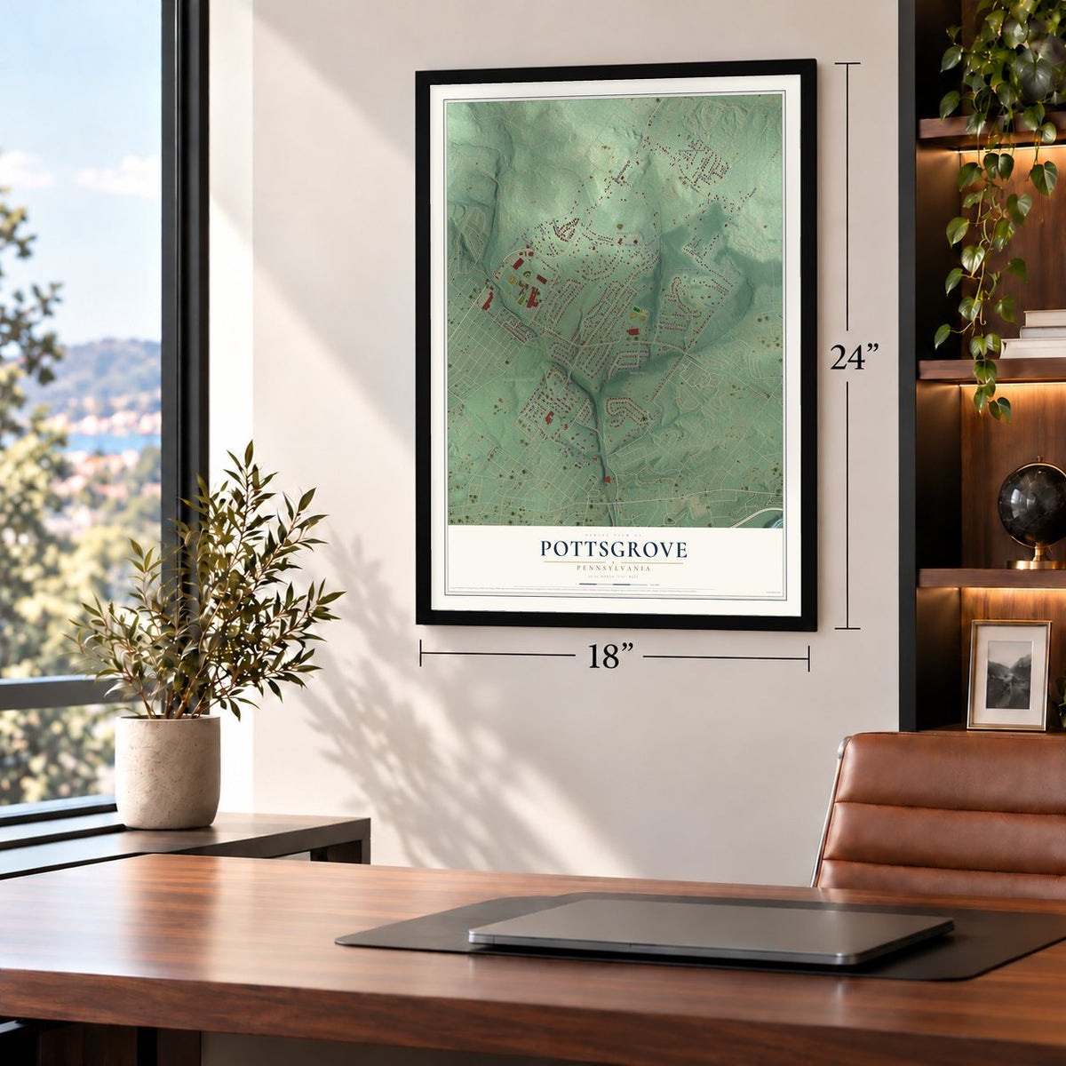 Pottsgrove, Pennsylvania map, 18 x 24 inch print in a black frame in a home office