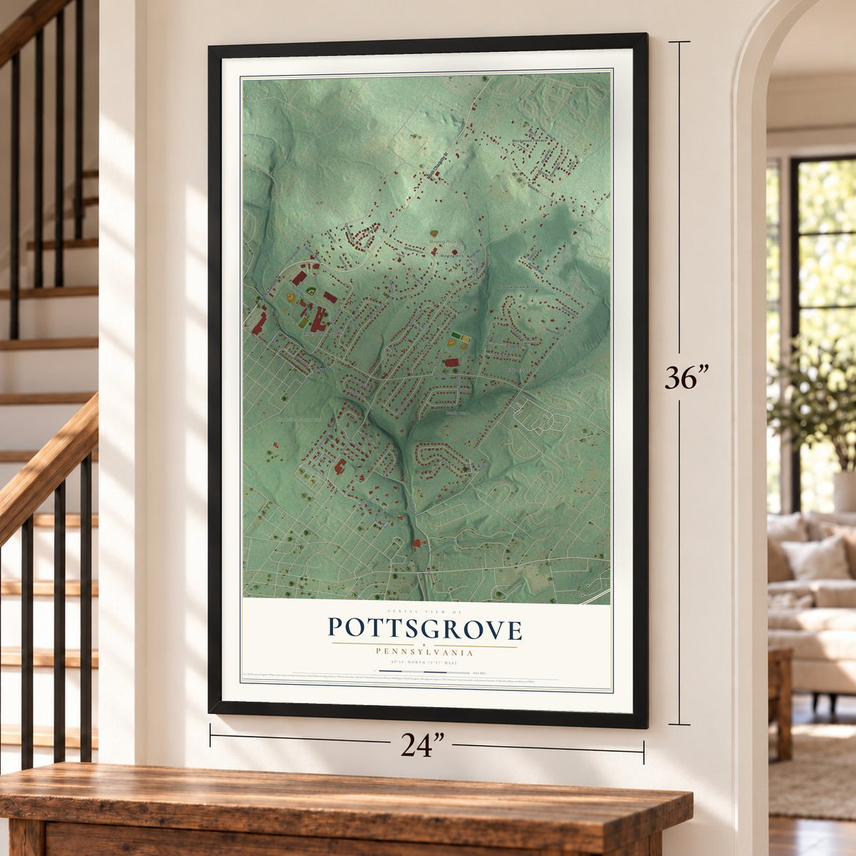 Pottsgrove, Pennsylvania map, 24 x 36 inch print in a black frame by a staircase