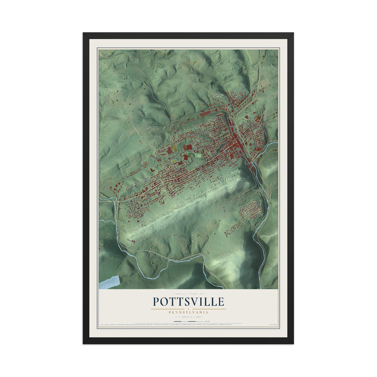 Map of Pottsville, Pennsylvania, 12 x 18 inch print in a black wood frame