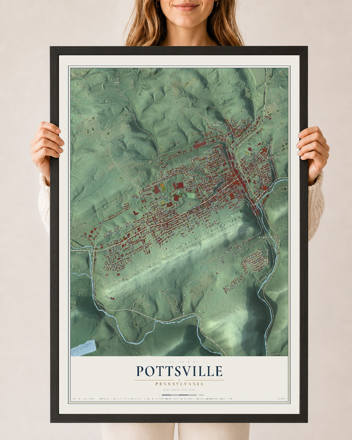 Map of Pottsville, Pennsylvania, 24 x 36 inch print in a black wood frame