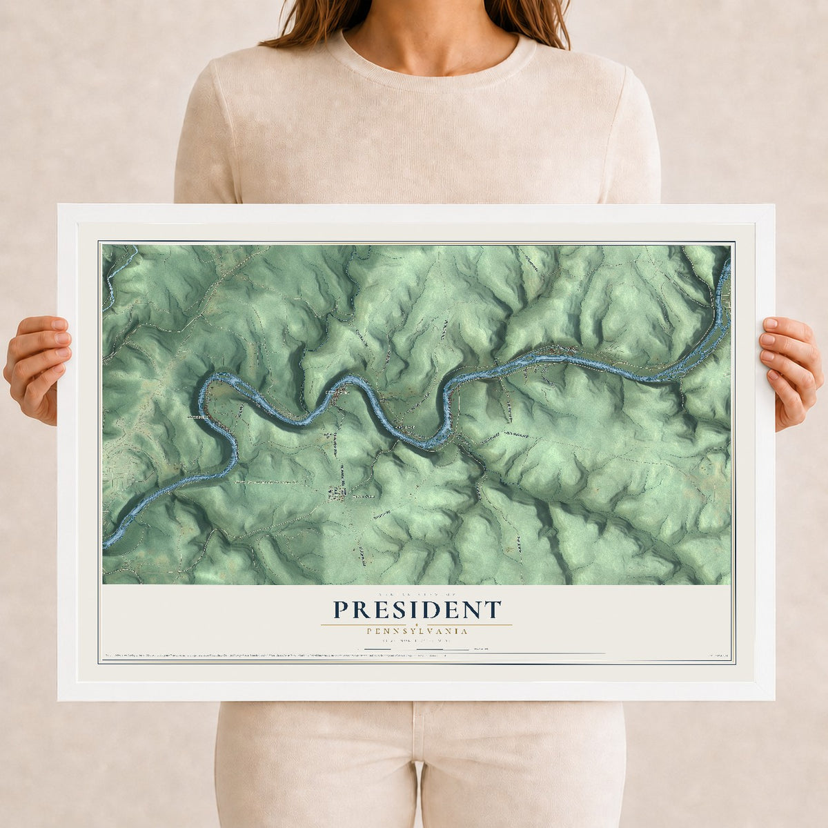 Map of President, Pennsylvania, 12 x 18 inch print in a white wood frame
