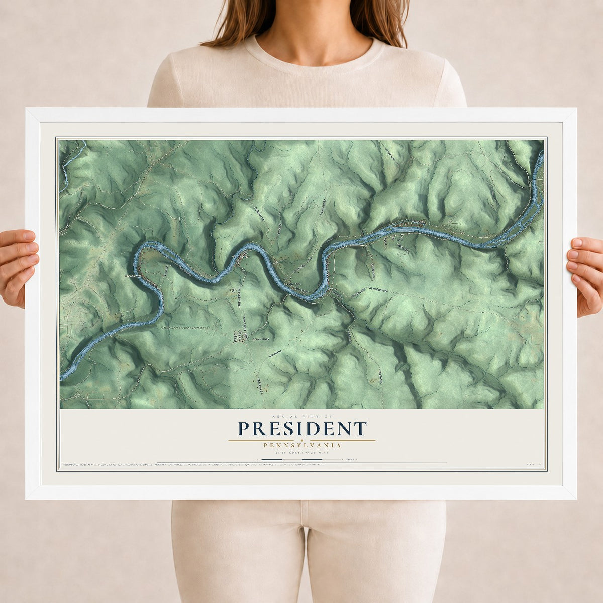 Map of President, Pennsylvania, 18 x 24 inch print in a white wood frame
