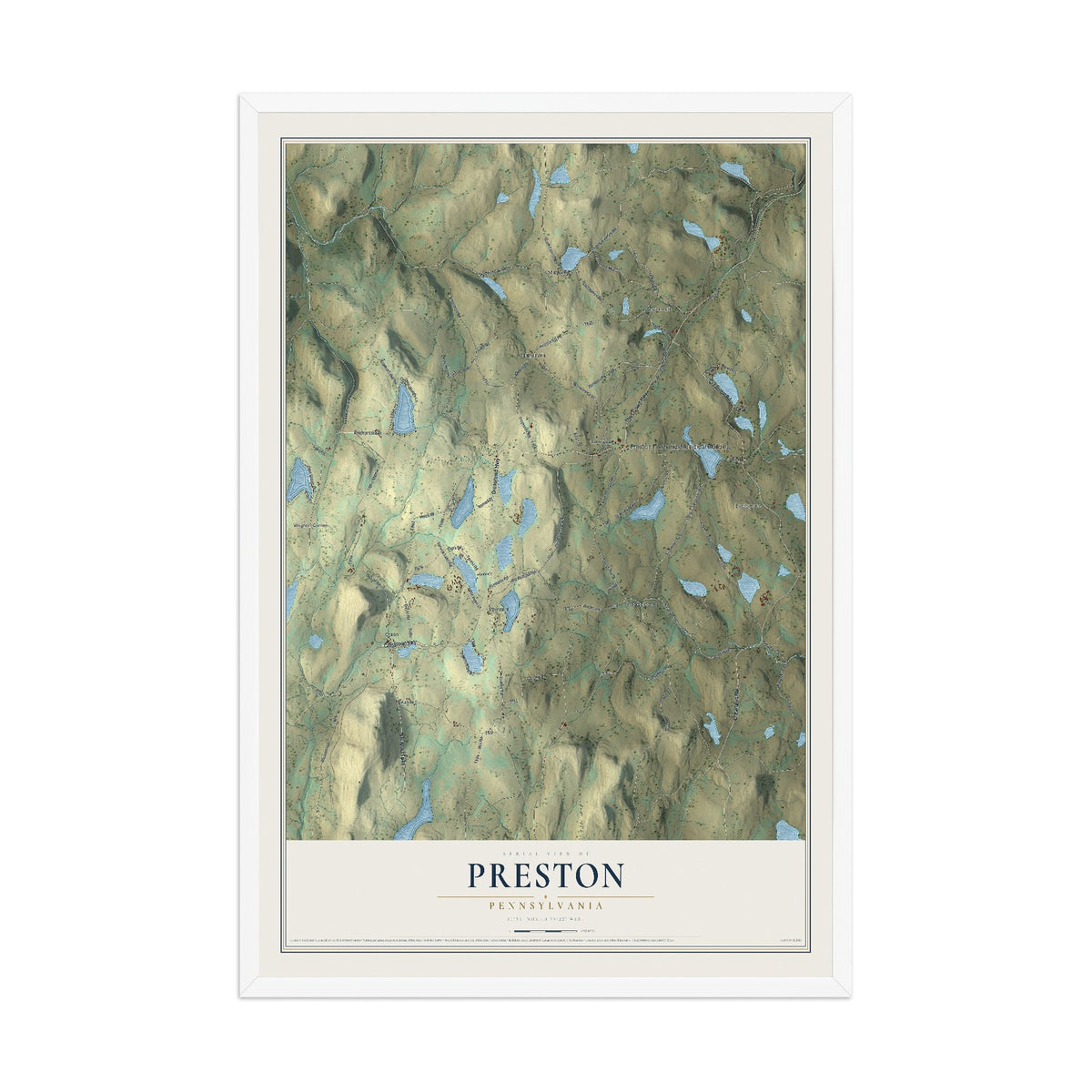 Map of Preston, Pennsylvania, 12 x 18 inch print in a white wood frame