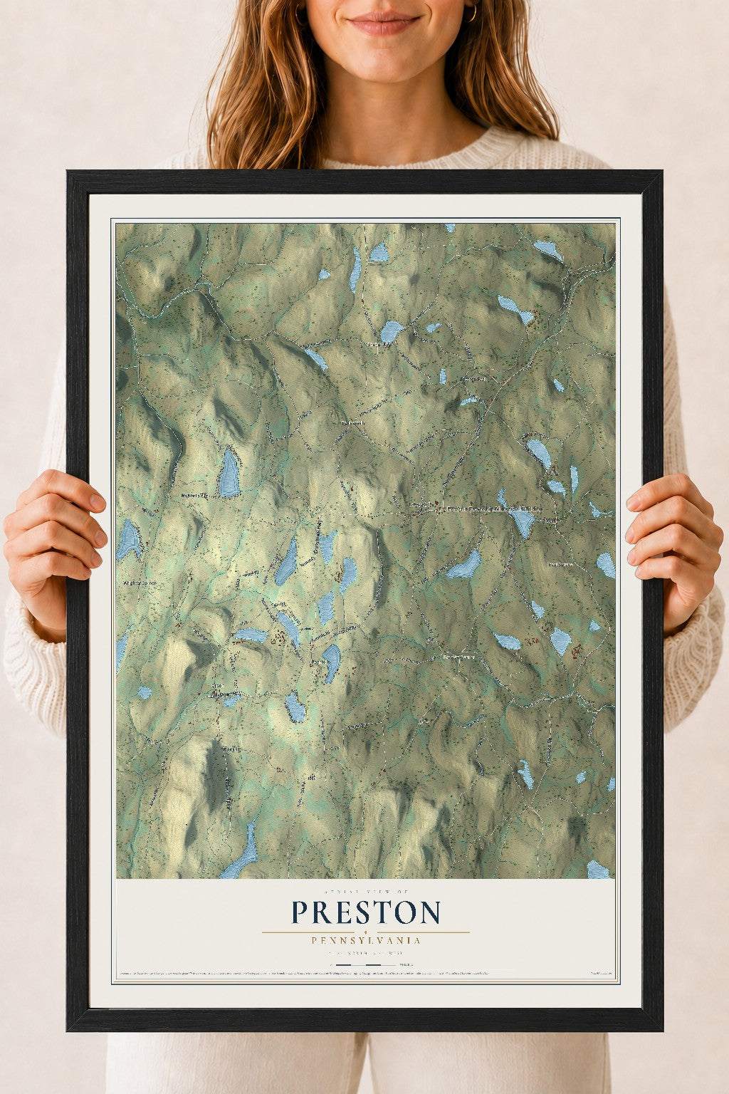 Map of Preston, Pennsylvania, 18 x 24 inch print in a black wood frame