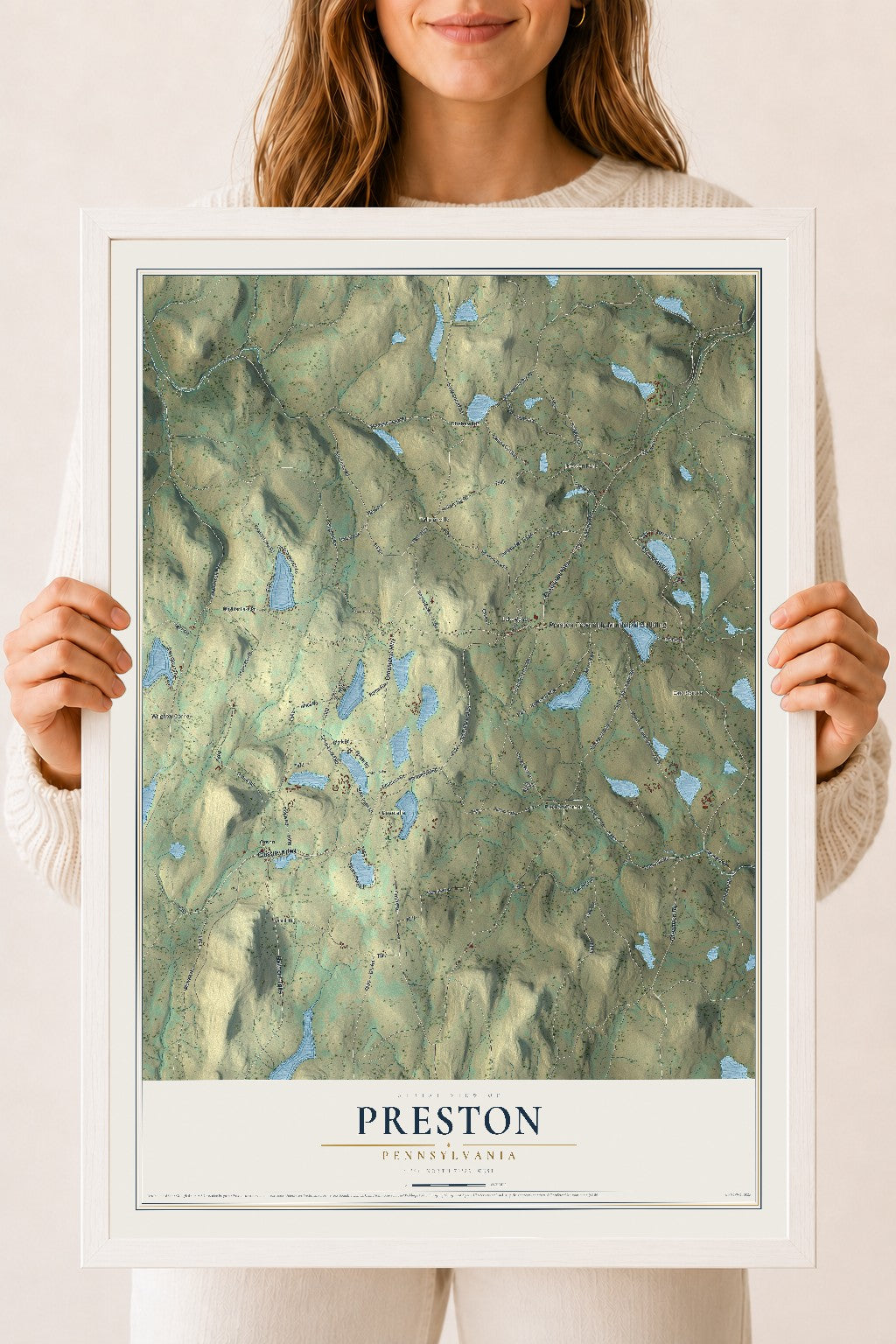 Map of Preston, Pennsylvania, 18 x 24 inch print in a white wood frame