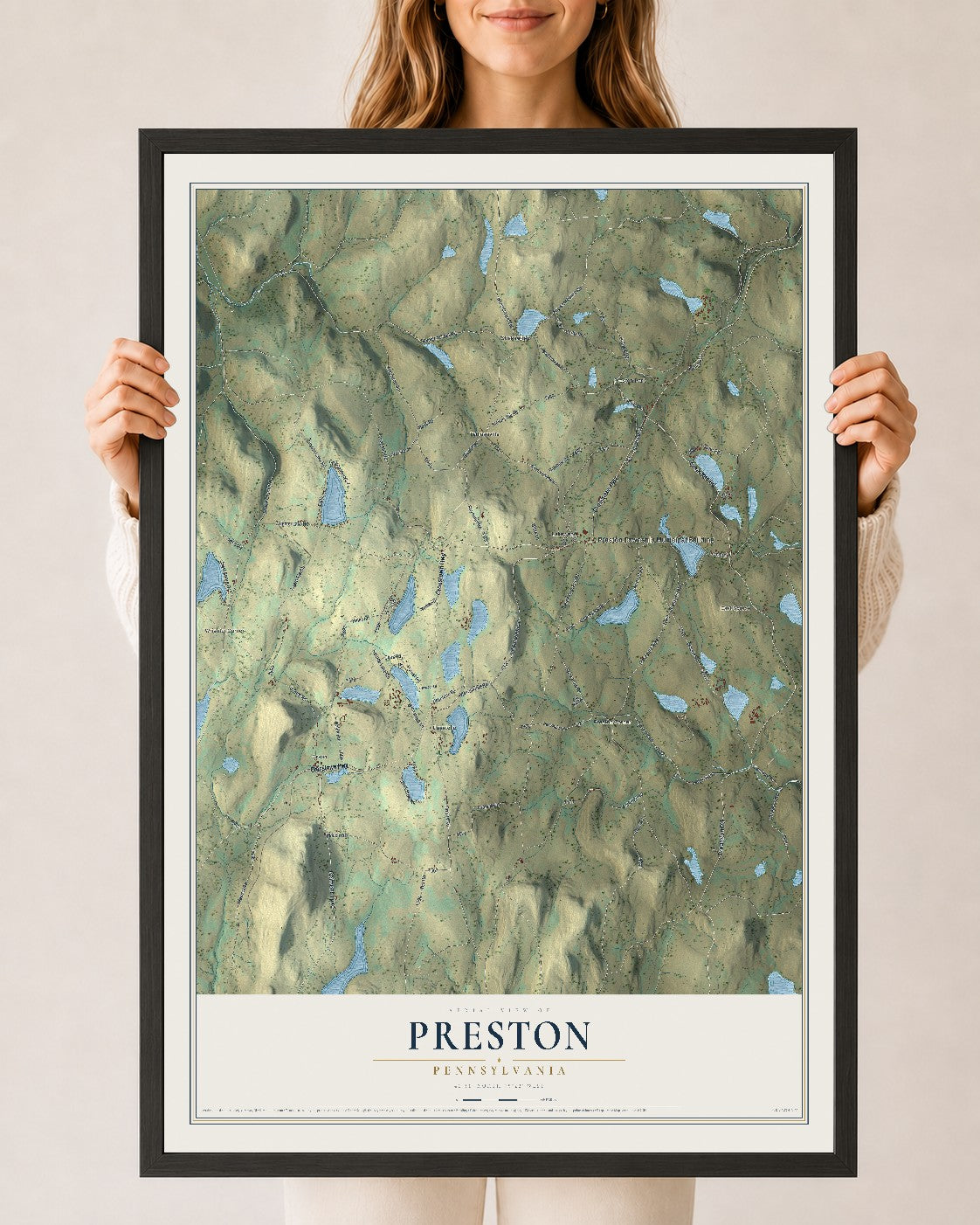 Map of Preston, Pennsylvania, 24 x 36 inch print in a black wood frame