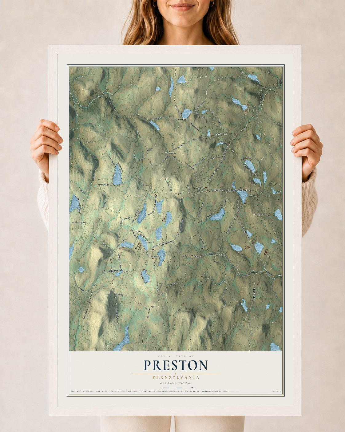Map of Preston, Pennsylvania, 24 x 36 inch print in a white wood frame