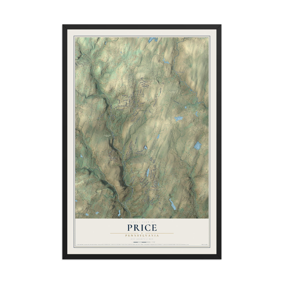 Map of Price, Pennsylvania, 12 x 18 inch print in a black wood frame