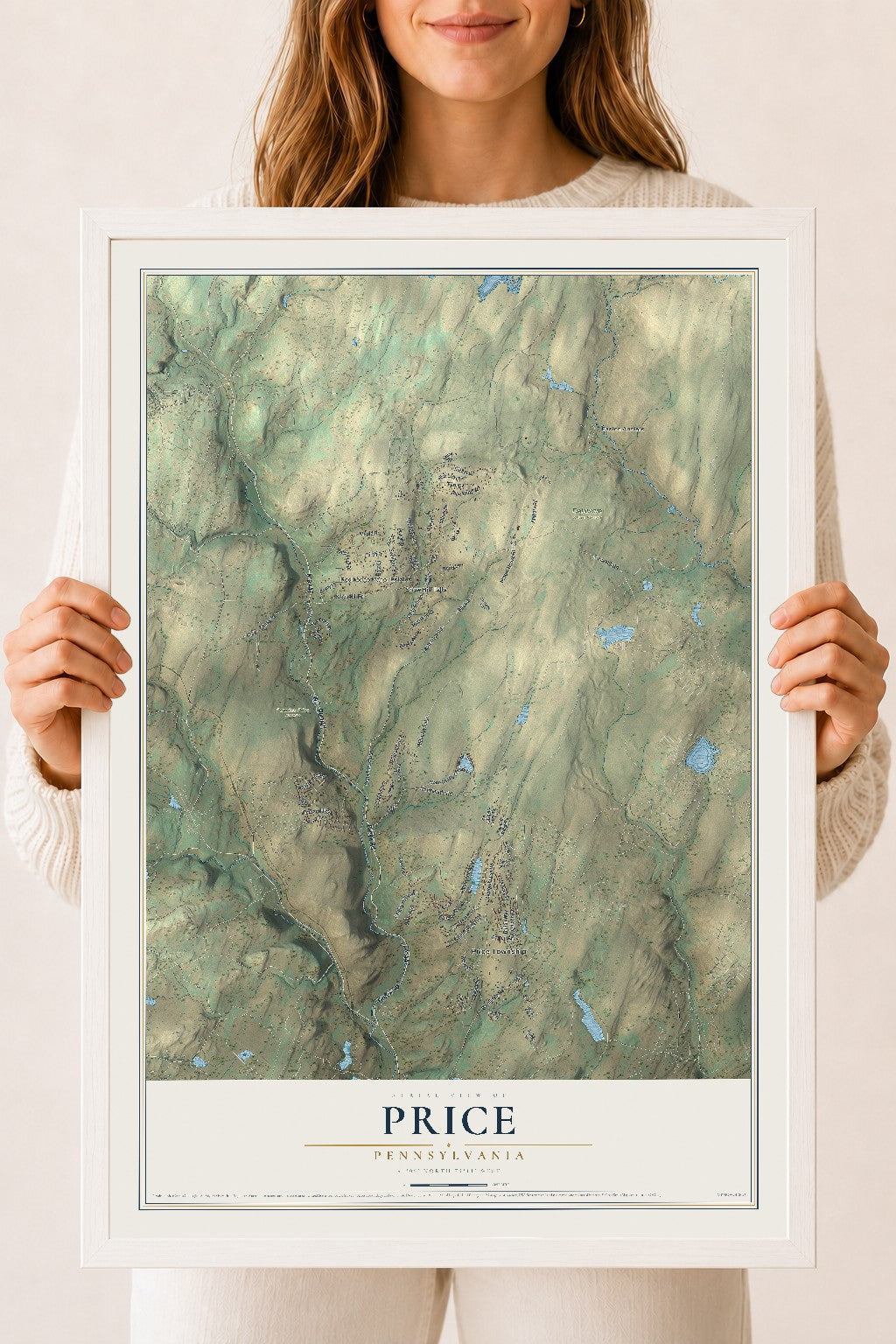 Map of Price, Pennsylvania, 18 x 24 inch print in a white wood frame
