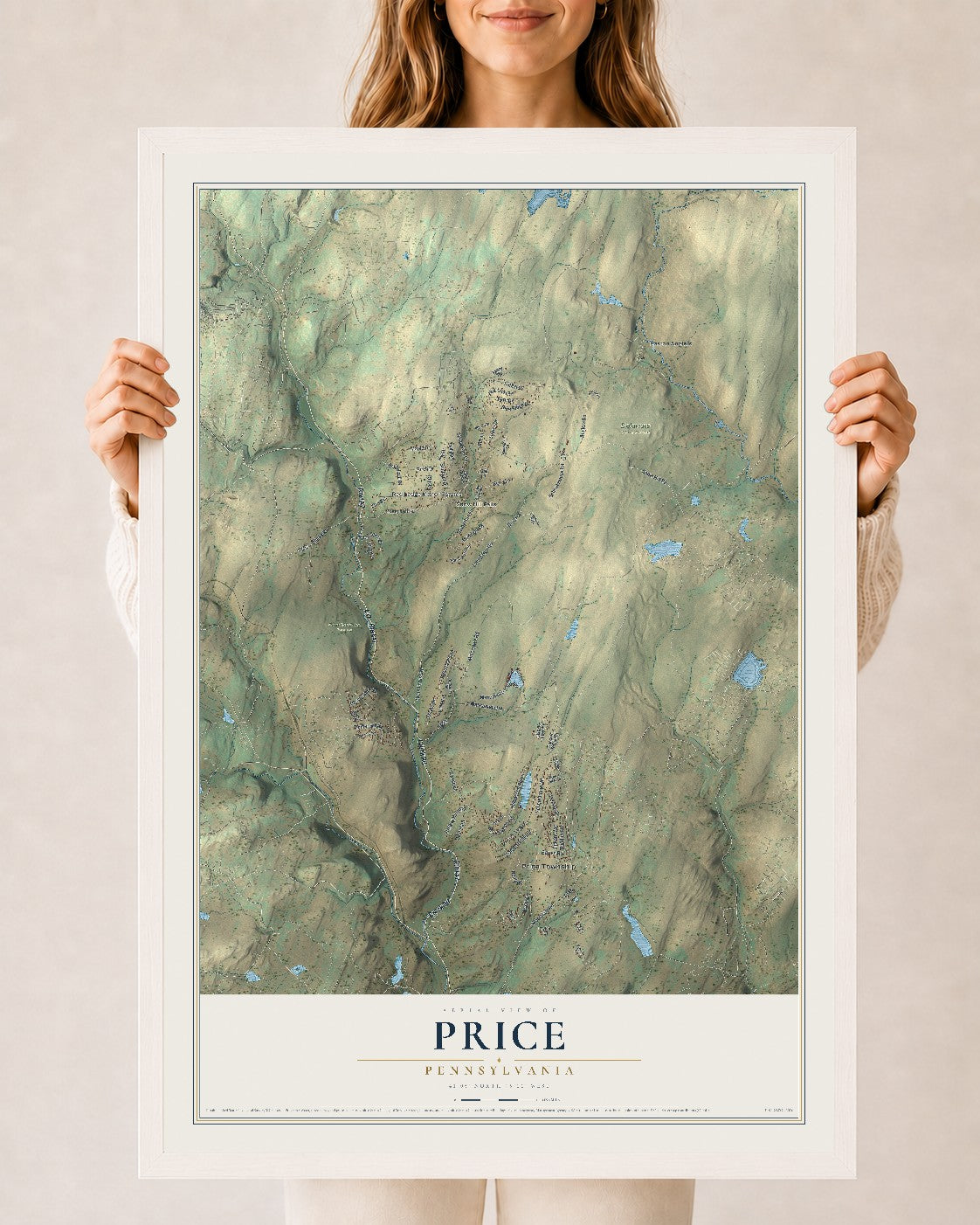 Map of Price, Pennsylvania, 24 x 36 inch print in a white wood frame