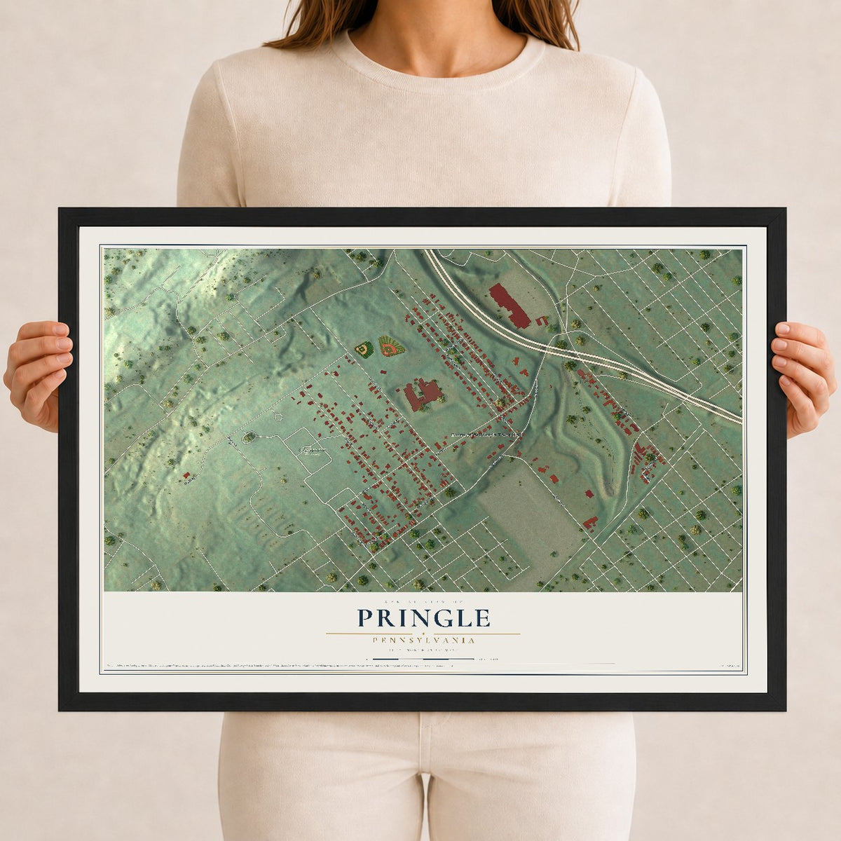 Map of Pringle, Pennsylvania, 12 x 18 inch print in a black wood frame