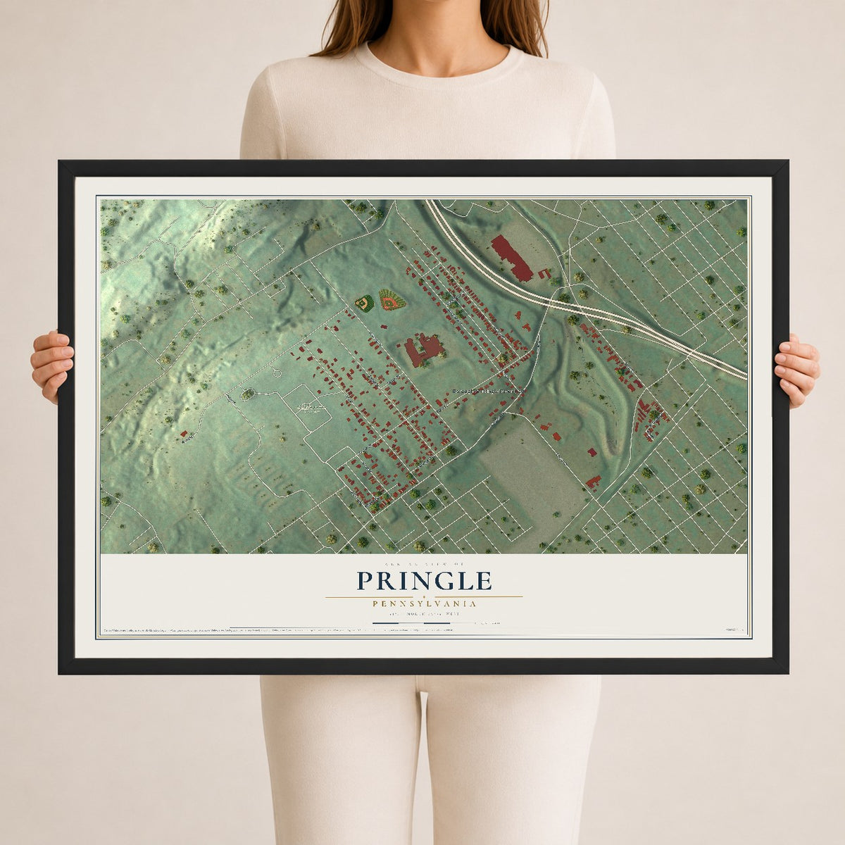 Map of Pringle, Pennsylvania, 24 x 36 inch print in a black wood frame