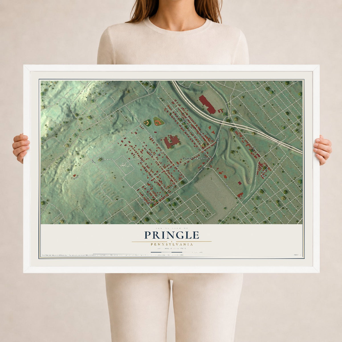 Map of Pringle, Pennsylvania, 24 x 36 inch print in a white wood frame