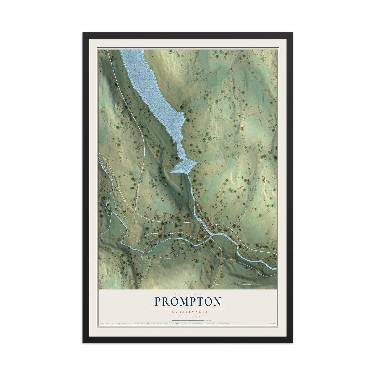 Map of Prompton, Pennsylvania, 12 x 18 inch print in a black wood frame