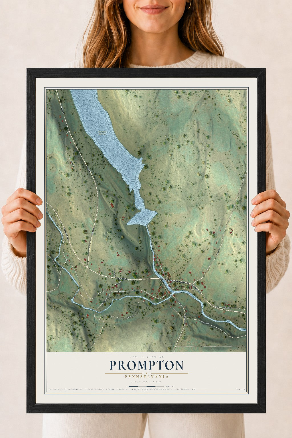 Map of Prompton, Pennsylvania, 18 x 24 inch print in a black wood frame