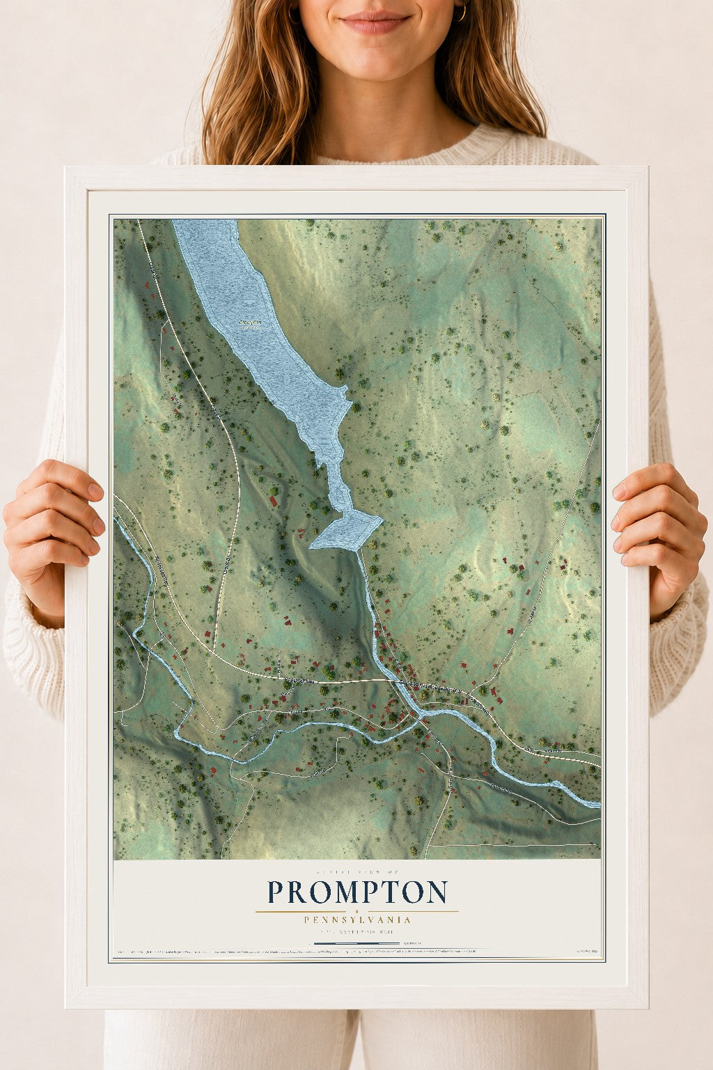 Map of Prompton, Pennsylvania, 18 x 24 inch print in a white wood frame