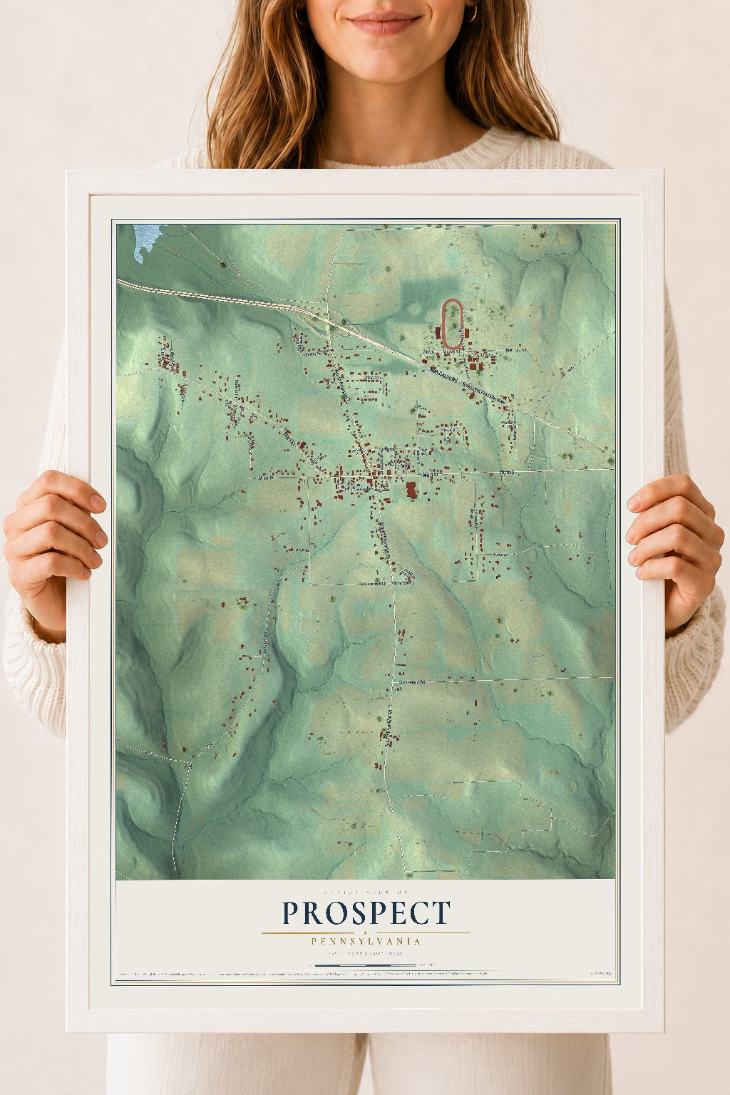 Map of Prospect, Pennsylvania, 18 x 24 inch print in a white wood frame