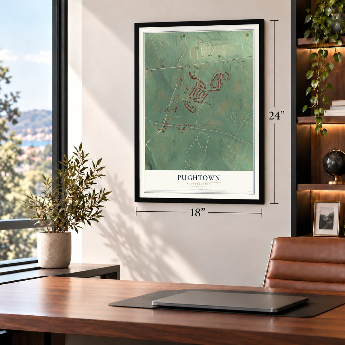 Pughtown, Pennsylvania map, 18 x 24 inch print in a black frame in a home office