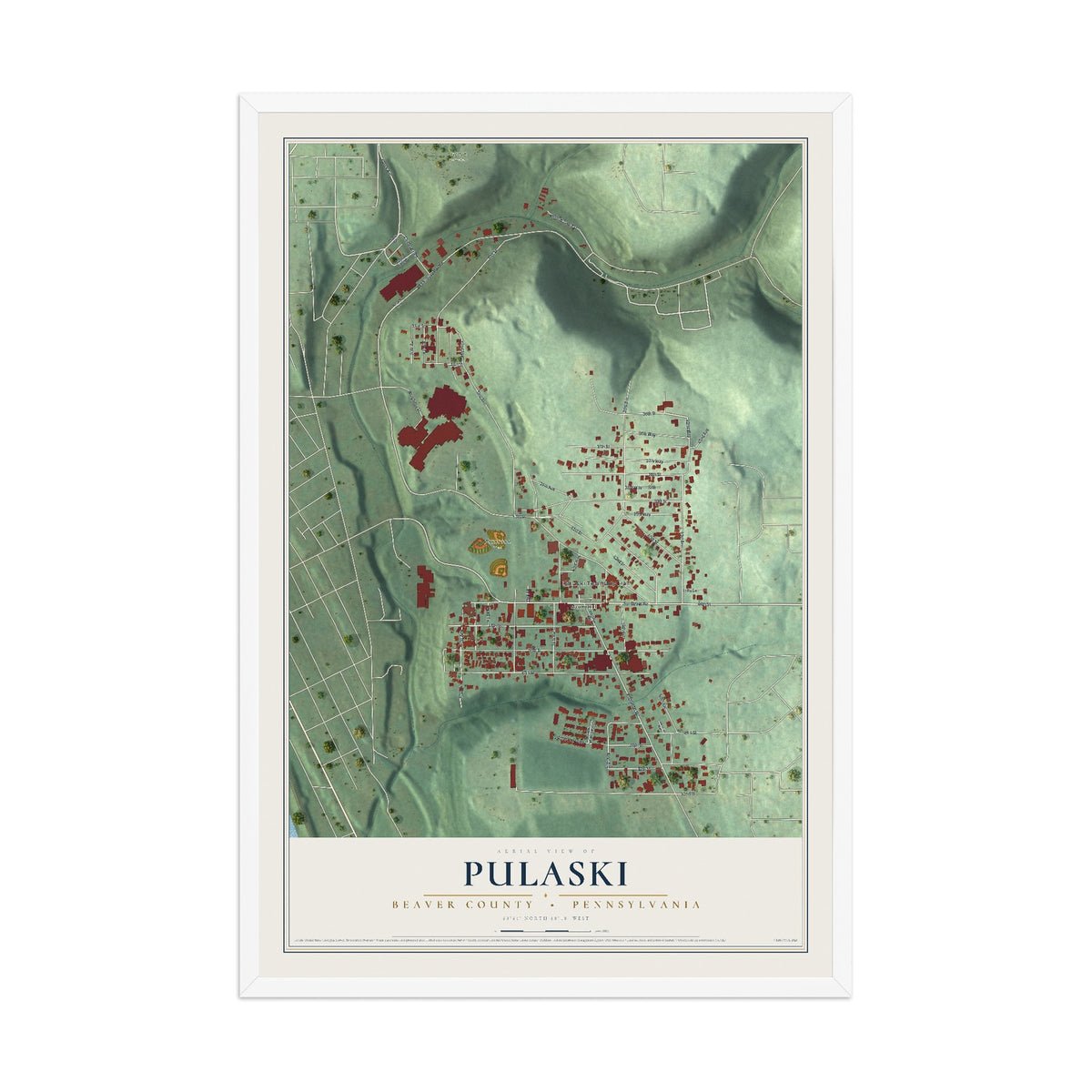 Map of Pulaski, Beaver County, Pennsylvania, 12 x 18 inch print in a white wood frame