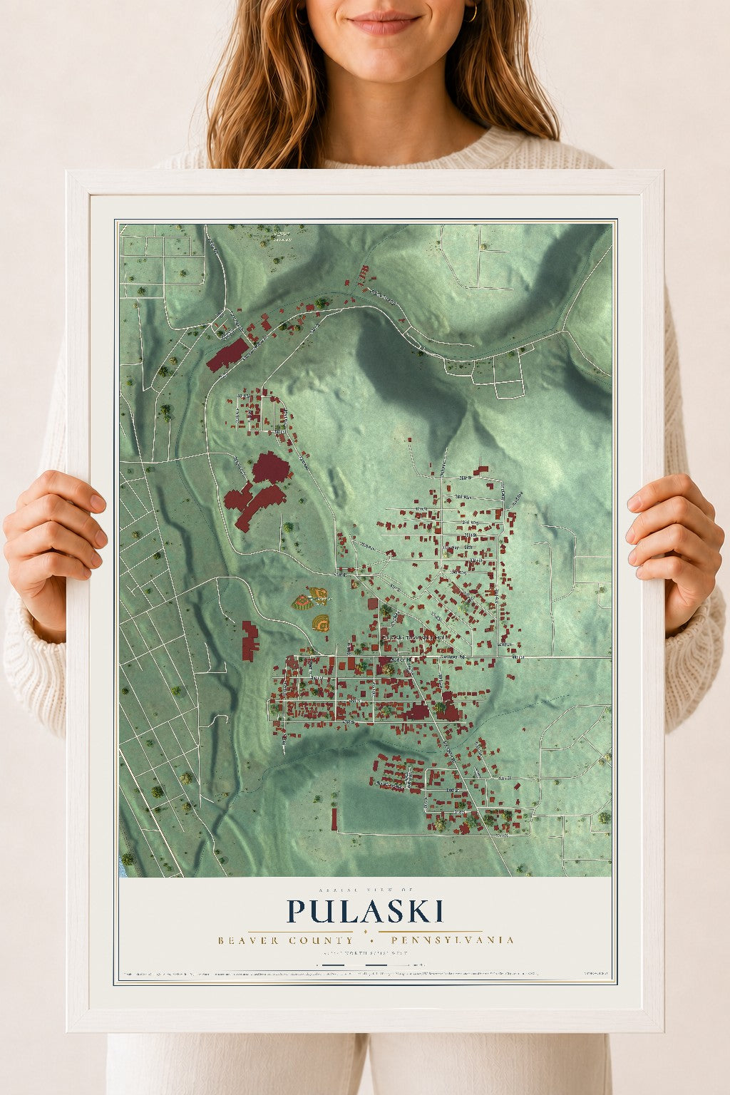 Map of Pulaski, Beaver County, Pennsylvania, 18 x 24 inch print in a white wood frame