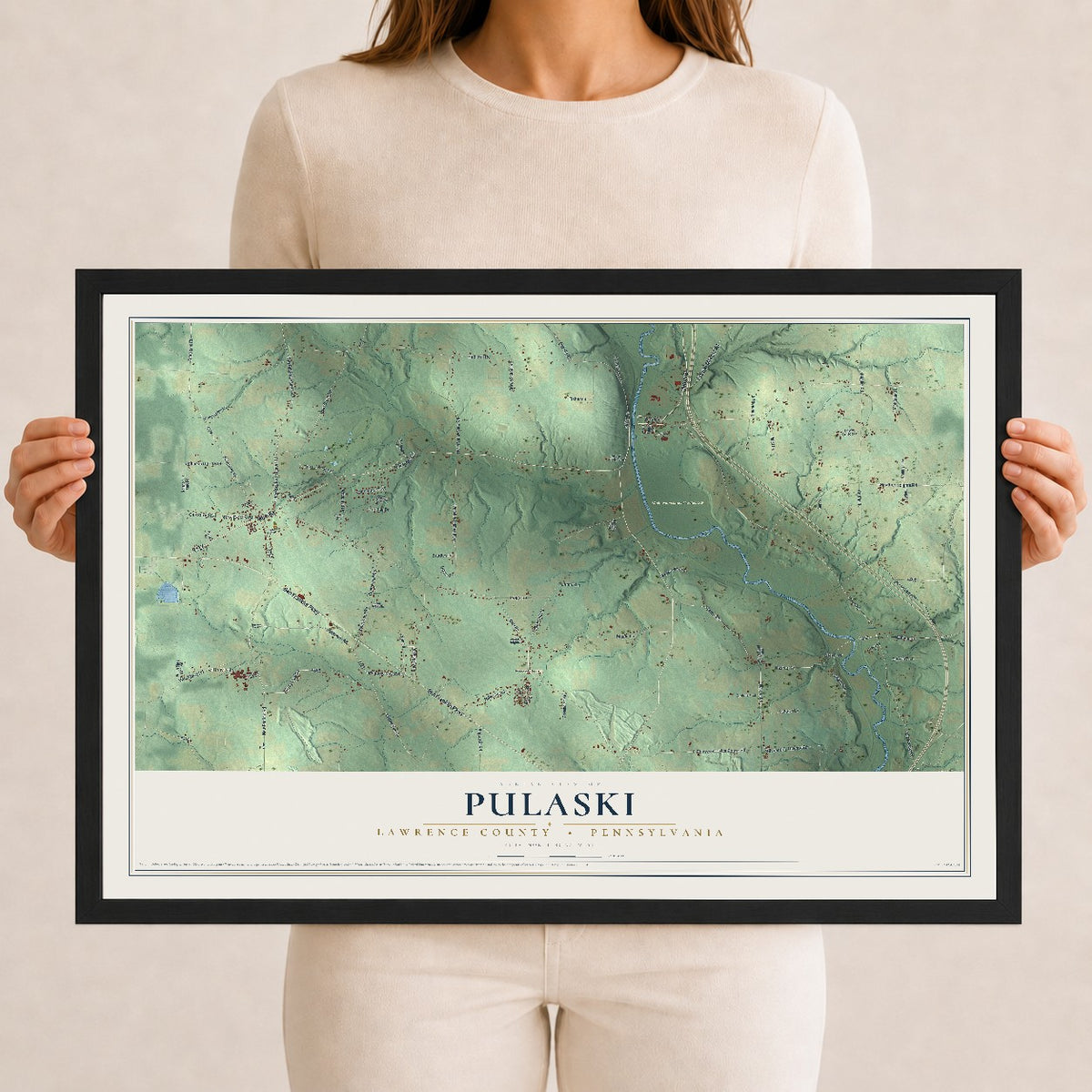 Map of Pulaski, Lawrence County, Pennsylvania, 12 x 18 inch print in a black wood frame