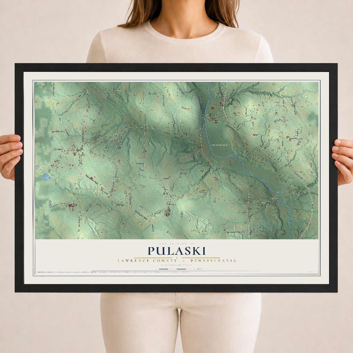Map of Pulaski, Lawrence County, Pennsylvania, 18 x 24 inch print in a black wood frame