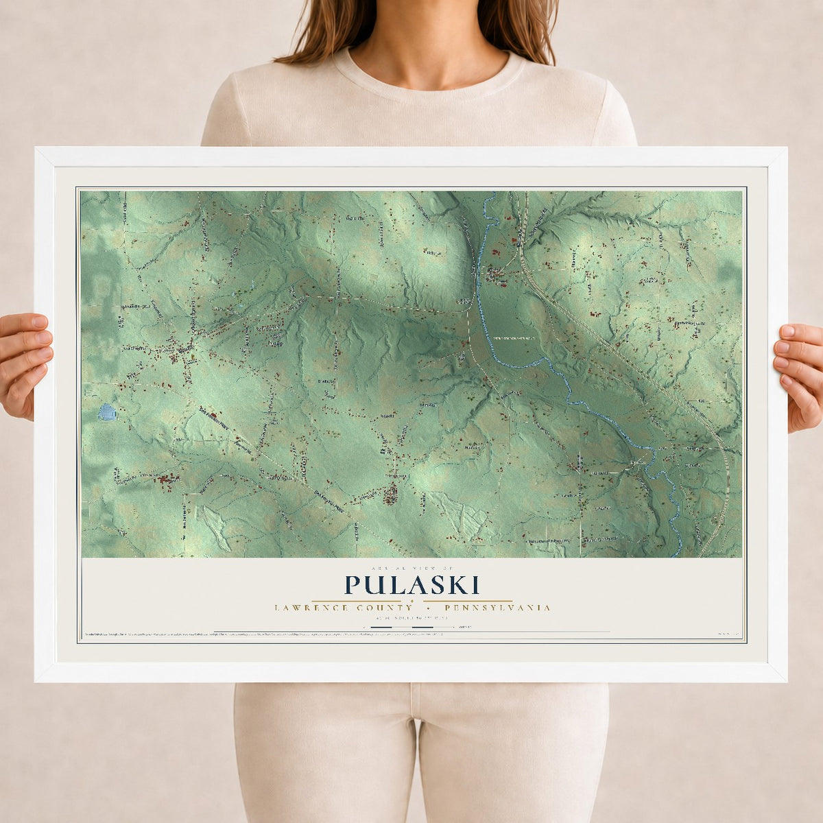 Map of Pulaski, Lawrence County, Pennsylvania, 18 x 24 inch print in a white wood frame