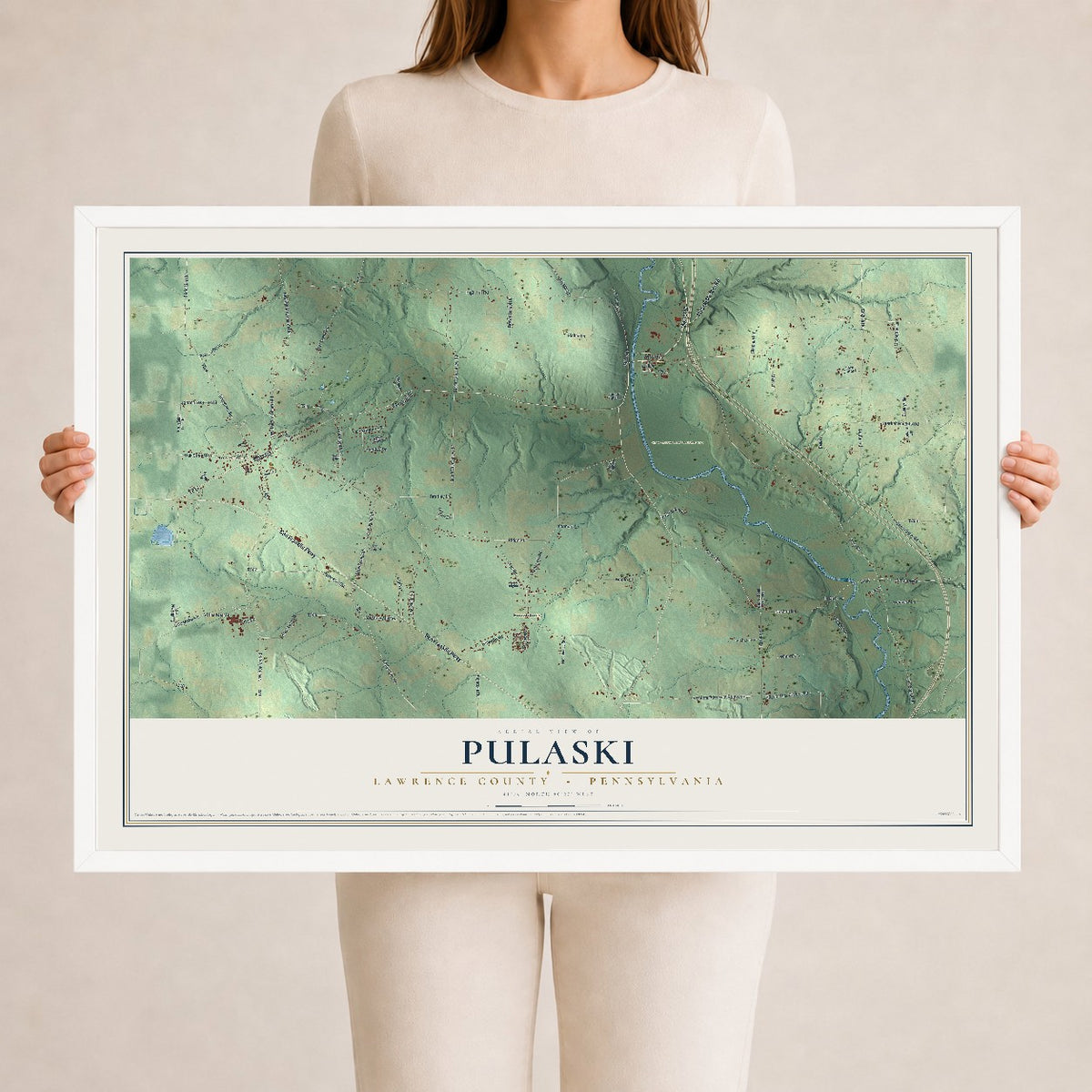 Map of Pulaski, Lawrence County, Pennsylvania, 24 x 36 inch print in a white wood frame